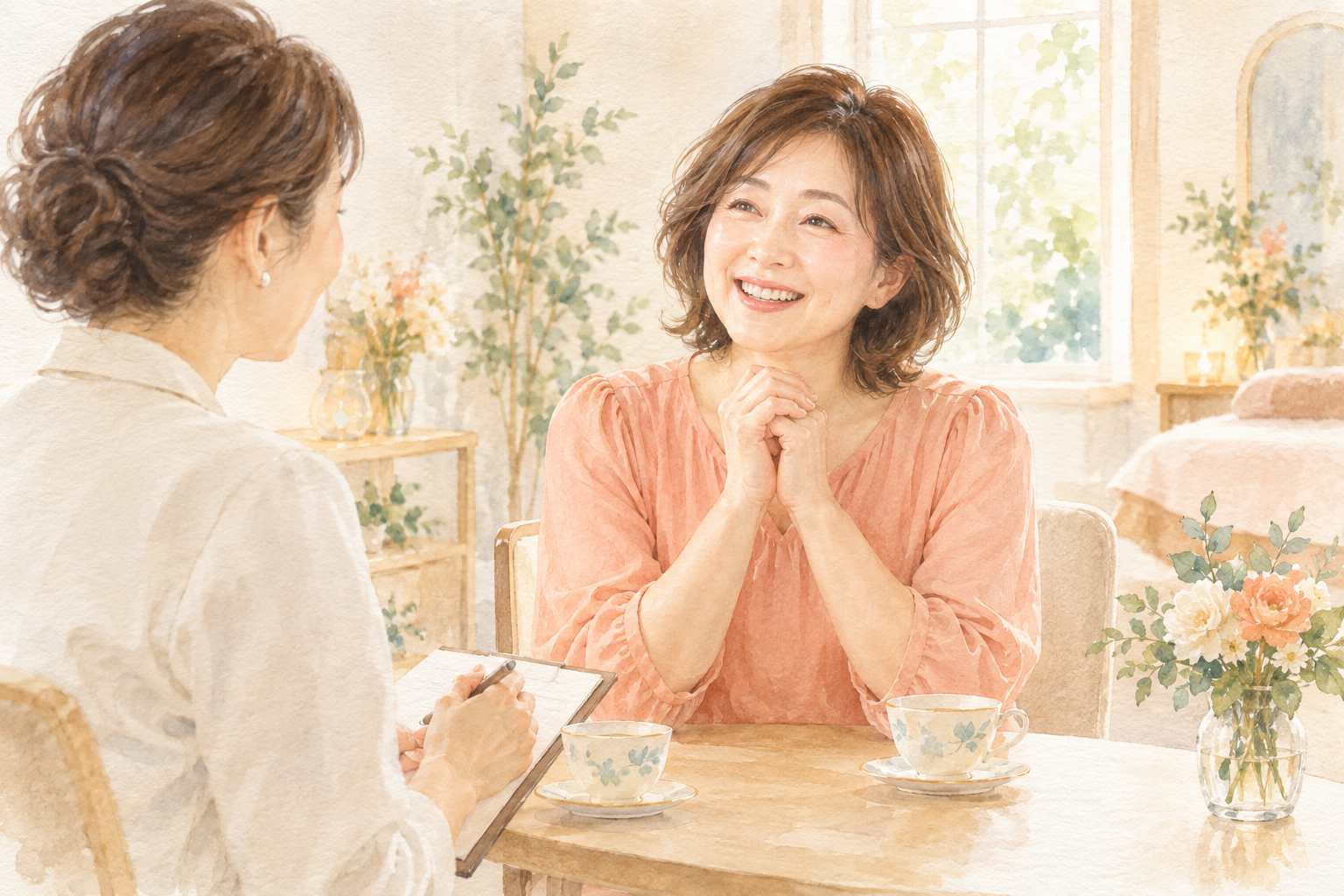 話すうちに、自分の可能性に気づいて笑顔が華やぐ女性のイラスト